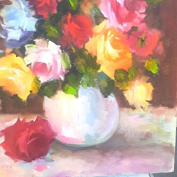 Orig Pink RED Blue Roses Floral Oil Painting ART 16x20 Romantic Lavende… - Picture 4 of 9